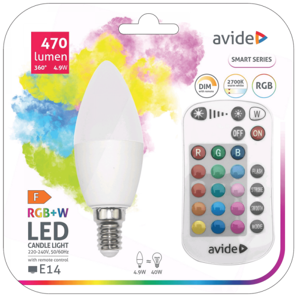Avide Pametna sijalica, LED 4.9W, E14, RGB+W, 2700K, daljinski