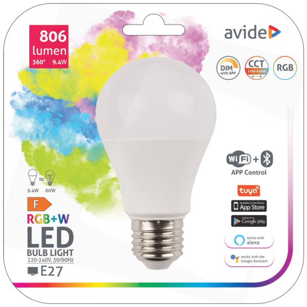 Avide Pametna sijalica, LED 9.4W, E27, RGB+W, WiFi, Bluetooth