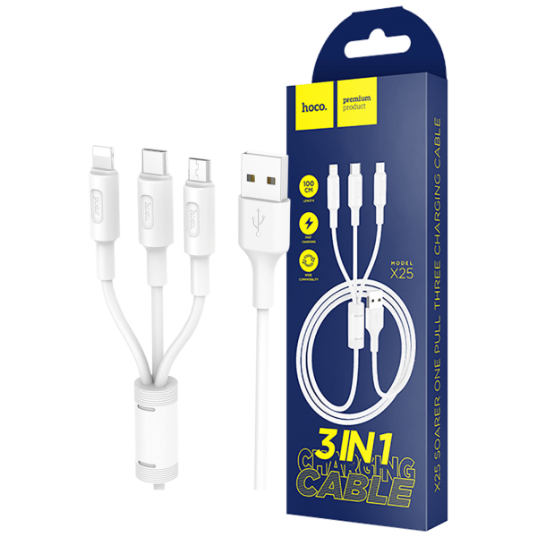 hoco. USB kabl, 3in1, microUSB, USB type C, Lightning, 1 met, 2 A