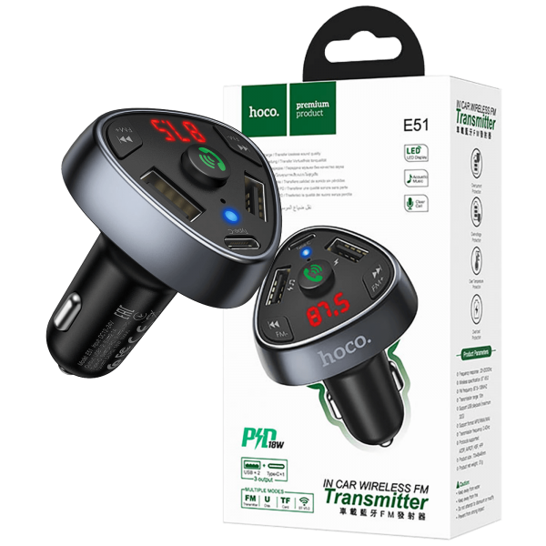 hoco. FM modulator, Bluetooth, 12/24 V, 2xUSB, 1xtype C, PD 18W