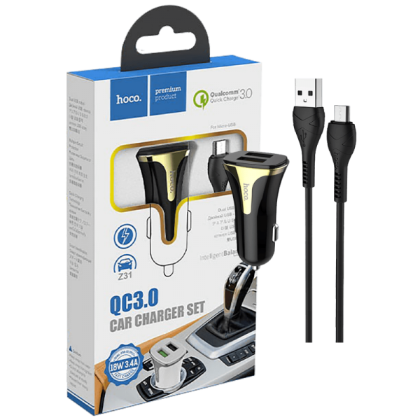 hoco. Auto punjač sa microUSB kabelom, QC, 2 x USB,  3.1 A