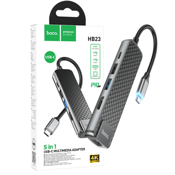 hoco. Konverter USB HUB type C to USB3.0/USB2.0/HDMI/RJ45/PD