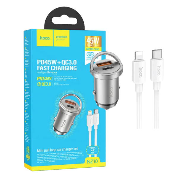 hoco. Auto punjač, brzi, sa Lightning kabelom, PD45W+QC3.0
